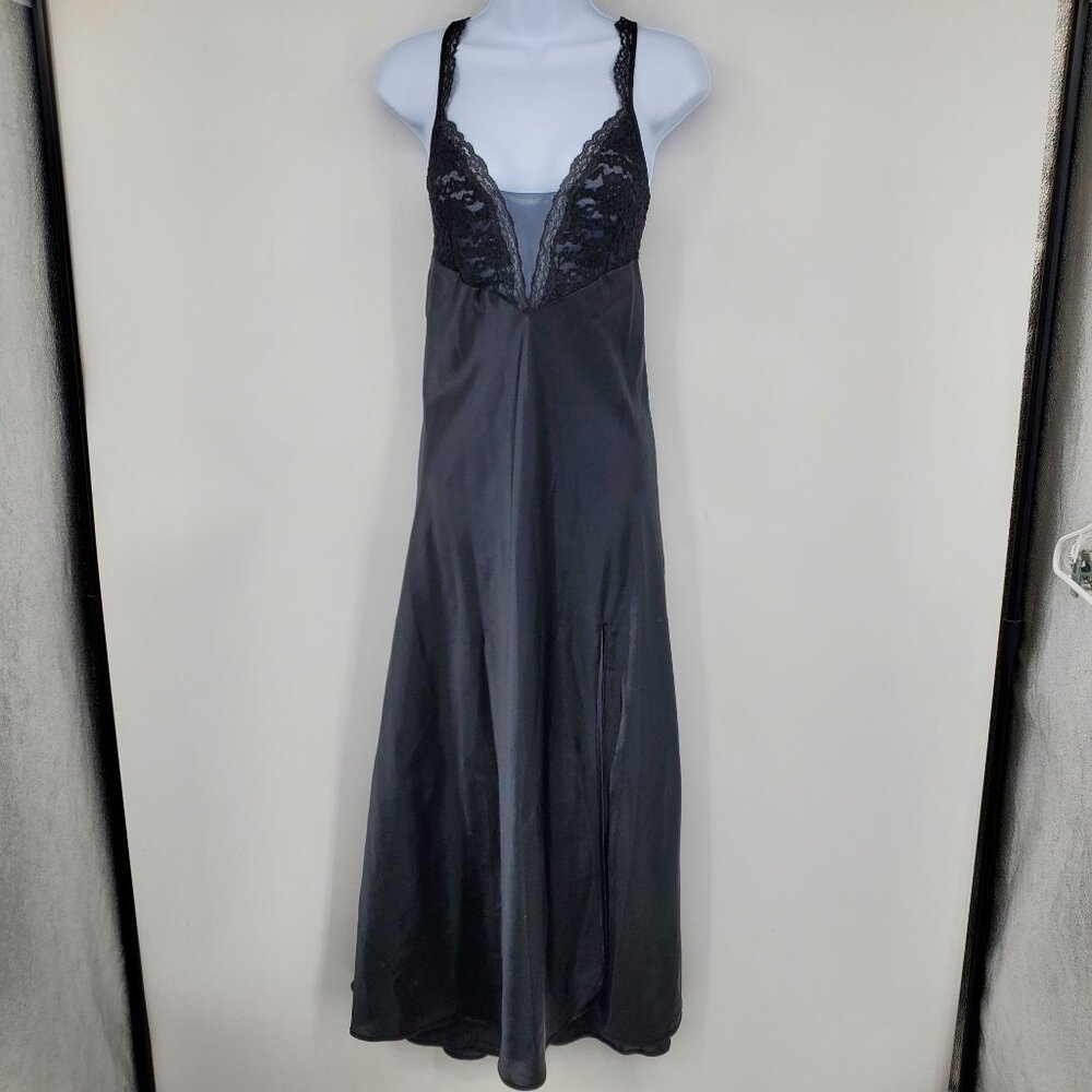 Vintage Victoria's Secret Black Lace Babydoll Y2K Goth Side Slit Maxi Slip Dress